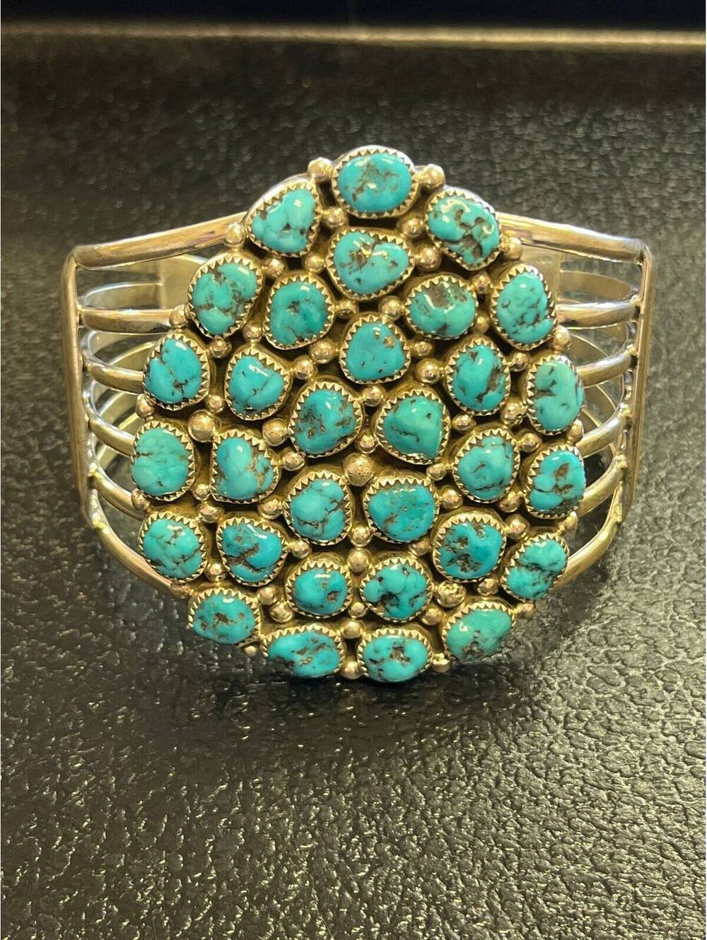 Navajo handmade sterling silver turquoise bracelet cluster rare